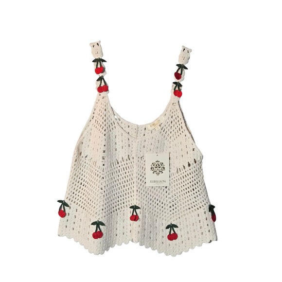 Rebellion Again Tops - Rebellion Again Crochet Knit Cherry Applique Cami S Coastal Boho Summer NWT